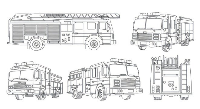 A detailed line drawing of a firetruck showcasing its various angles