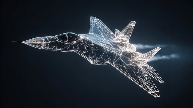 Abstract neon outline of a modern jet fighter in mid-flight against dark background.