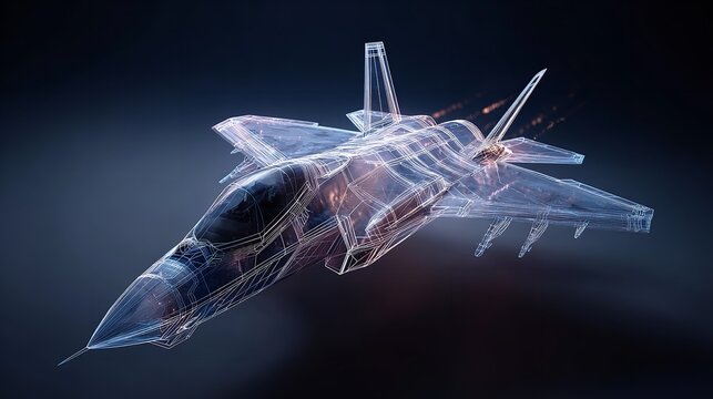 Abstract illustration of a modern jet fighter aircraft in digital wireframe.