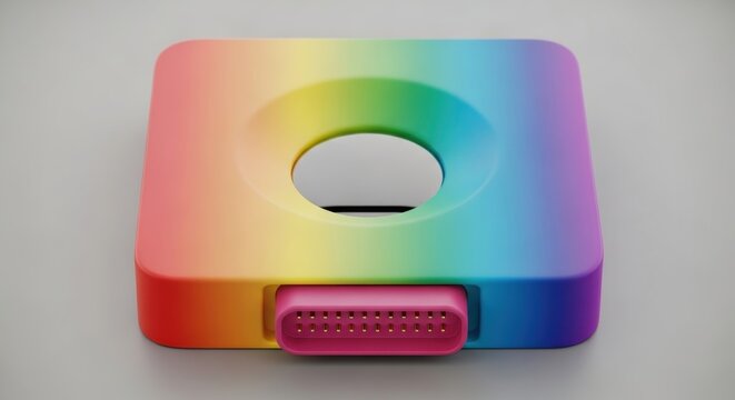 Rainbow colored device with pink button and hole