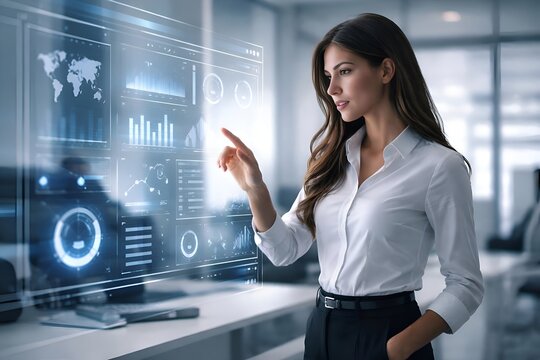 Professional woman analyzing global data on futuristic glass display