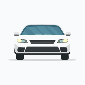 Front view of a white car with headlights on, isolated on a white background with a clean and minimalist composition.