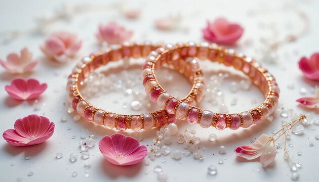 Handmade gulab phool bangles with fresh petals and dewdrops on minimal white surface
