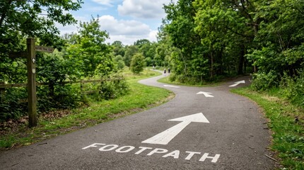 Obraz premium A winding footpath through a lush green forest with a wooden gate on the left and a white arrow pointing to the right.