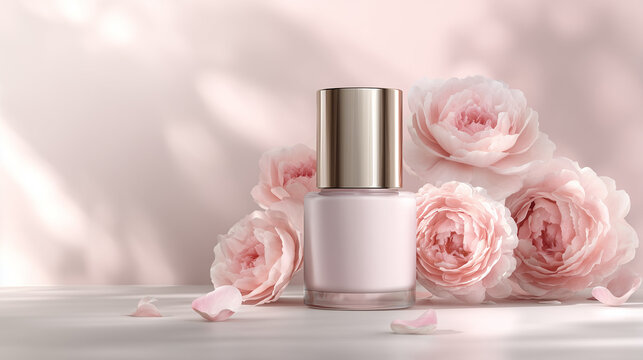 muted tone cosmetic product display with a minimalist pink bottle and dusty rose flowers, front view of a clean skincare or makeup bottle against a soft pink background with elegant window shadows 