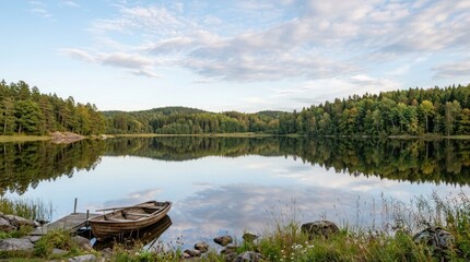 Obraz premium A serene lake with a wooden boat and a lone tree in the distance.