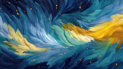 Fototapeta premium Artistic swirl of feather-like brushstrokes in hues of blue, teal, yellow, with golden dots