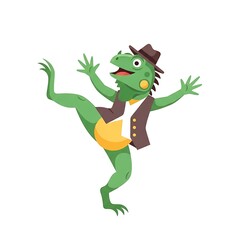 Obraz premium A whimsical green reptile, sporting a fedora and vest, joyfully raises its arms and leg in a dynamic pose. It's lively and colorful