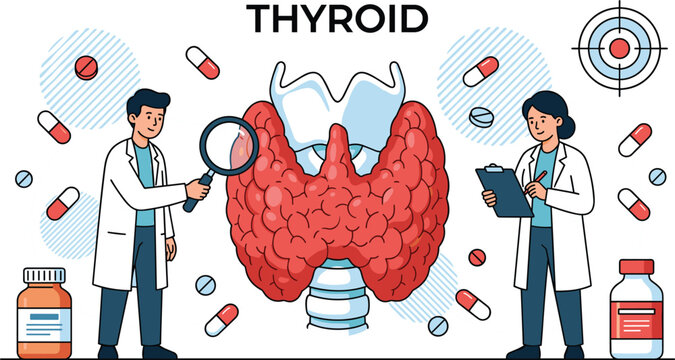 Thyroid gland medical concept with doctors examination hormones treatment endocrinology healthcare diagnosis and medicine flat vector illustration