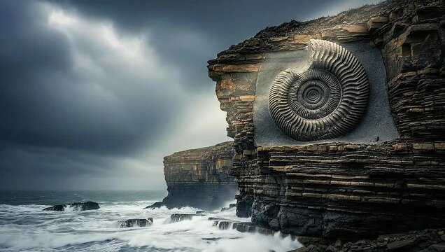 Dramatic coastal landscape with a colossal spiral fossil intricately embedded in a rugged sea cliff, capturing the raw power of ancient geology under a turbulent, stormy sky with crashing ocean waves