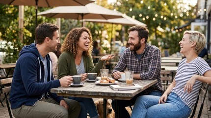 Fototapeta premium Four friends enjoying a casual outdoor gathering at a patio table with drinks and snacks.