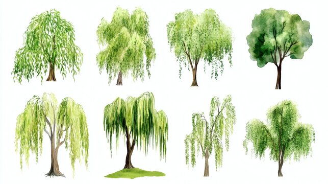 Watercolor illustrations of seven willow and leafy trees on white background, soft green tones and hanging foliage, artistic botanical set.