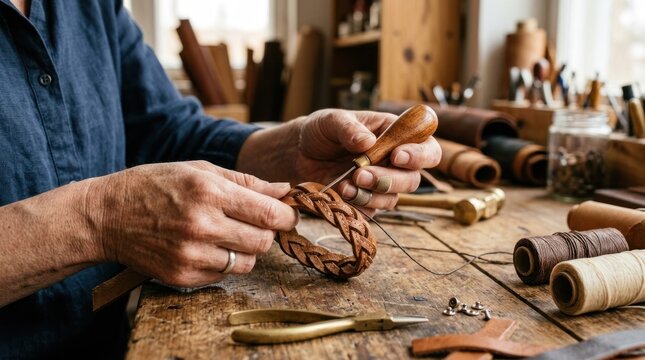 A man in a blue shirt is working on a leather project in a workshop with various tools and materials on a wooden table.