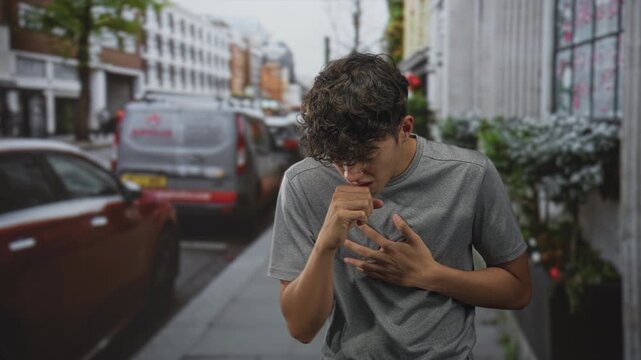 Teenage boy in grey t shirt clutching throat and coughing on a busy city street beside parked cars and a delivery van; distress urgency.