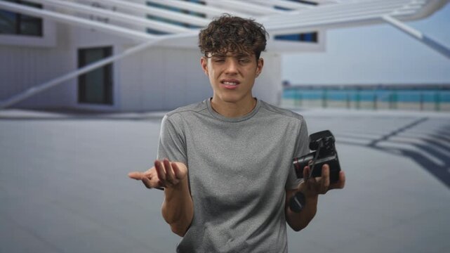 Young man holds dslr camera in one hand and shrugs with open hands in modern building courtyard by the ocean; uncertainty.