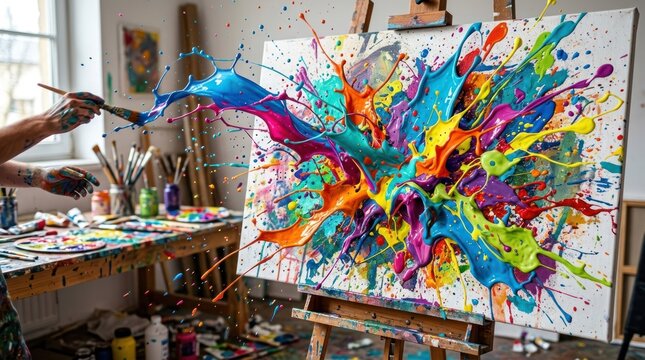 A painter working in a studio, creating a colorful abstract painting.