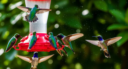 Obraz premium Multiple hummingbirds hovering and feeding at a red plastic feeder. Tiny vibrant birds gathered in a lush green backyard garden. Wildlife photography ideal for nature and conservation marketing.