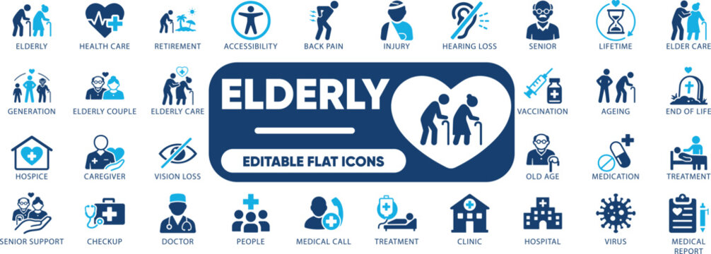 elderly editable icon set. senior, care, aging, health, age, illustration, pensioner, support. and solid icons collection.