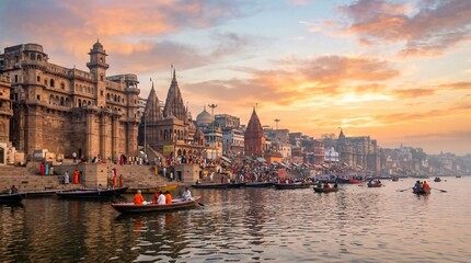Fototapeta premium Varanasi ghats at sunrise with boats on Ganges river, spiritual and cultural landscape India