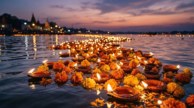 Floating diyas and marigold flowers on river during evening aarti ceremony, spiritual India