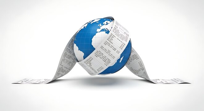 Blue and white earth globe wrapped in long paper financial receipt on white background symbolizing global cost and economic consumerism trend.