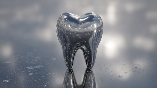 Shiny metallic tooth isolated with reflection on the surface and the background.