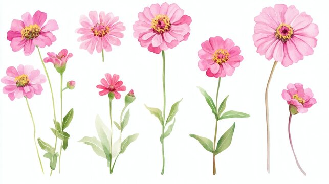 Watercolor illustration of pink zinnia-like flowers and buds with green stems and leaves on white background