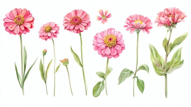 Watercolor illustration of pink zinnia-like flowers and buds with green stems and leaves on white background