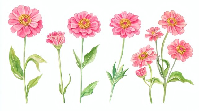 Watercolor illustration of pink zinnia-like flowers and buds with green stems and leaves on white background