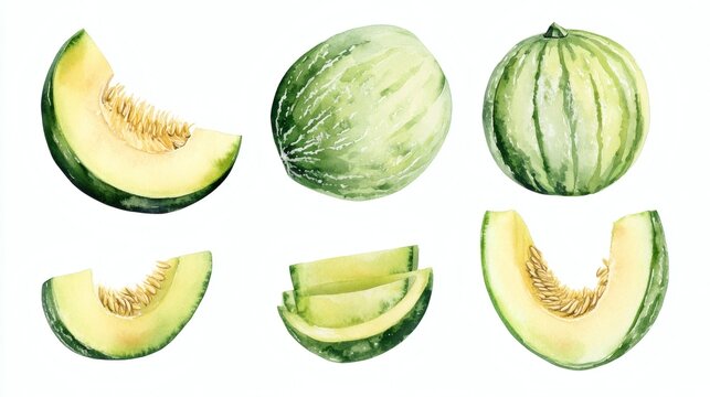 Watercolor illustrations of whole and sliced green melons and melon wedges on white background