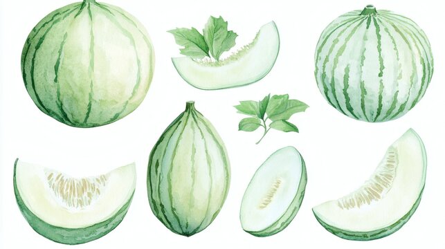 Watercolor illustrations of whole and sliced green melons and melon wedges on white background
