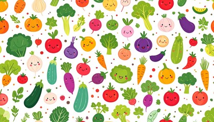 Obraz premium A vibrant, whimsical pattern featuring various smiling cartoon vegetables and greens on a white background