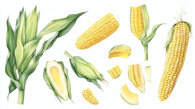 Watercolor illustration of four stages of corn on white background, fresh green husks and bright yellow kernels, botanical still life