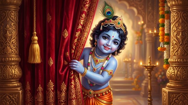 Cute baby Krishna peeking from curtain in temple, Janmashtami festival concept illustration