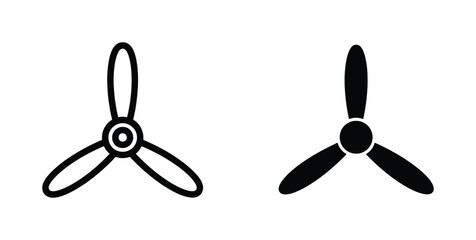 Minimalist airplane propeller vector icons, black three-blade aircraft engine fan symbols, industrial aviation propeller silhouettes for logos © Nodi