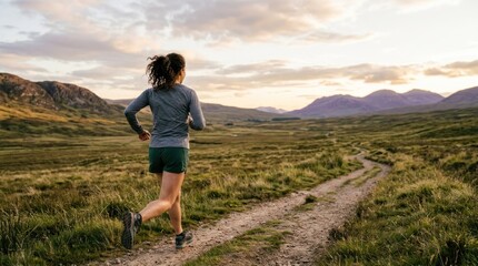 Obraz premium A woman running on a dirt path in a mountainous landscape at sunset.