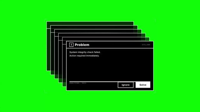 Cascading digital error windows with system integrity check failure alerts on a vibrant green screen, symbolizing critical software malfunctions or cyber security threats