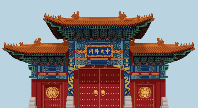 Traditional Chinese Gate with Ornate Architecture and Red Doors.