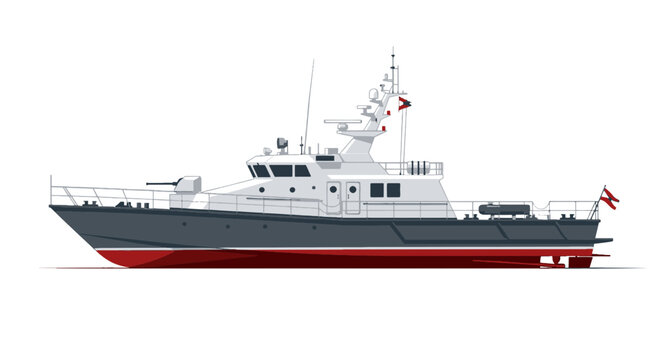 Illustration of a fast patrol boat sailing on the water featuring naval equipment and Latvian flag for maritime security and coastal defense