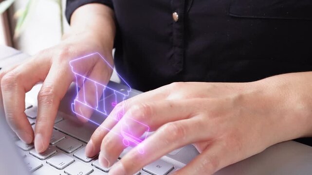 Business banking services. Close-up view of an executive typing on her laptop with a virtual bank icon and shopping cart.