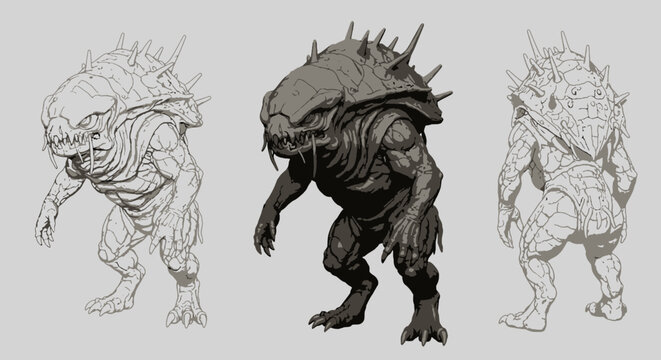 Illustration of spiky armored monster with large head and menacing tusks in front and back view fantasy art digital painting