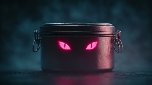 Conceptual image of a metal container with glowing pink eyes depicting evil.