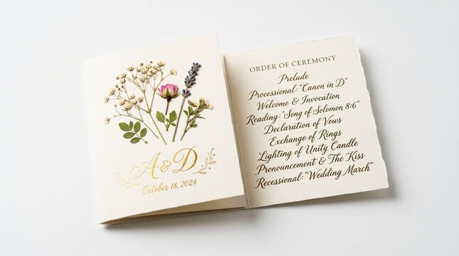 A wedding ceremony program with a floral design on a white background