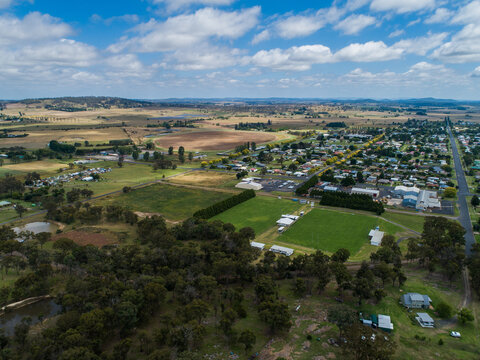 Aerial landscape view over rural country town of Glen Innes NSW Australia