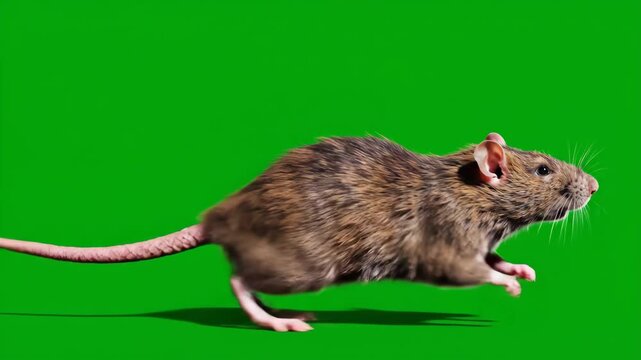 A brown rat runs quickly across a bright green screen, ideal for chroma keying and adding to various scenes.