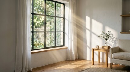 Fototapeta premium A serene living room with a white couch, wooden floor, and a window with sunlight streaming in.