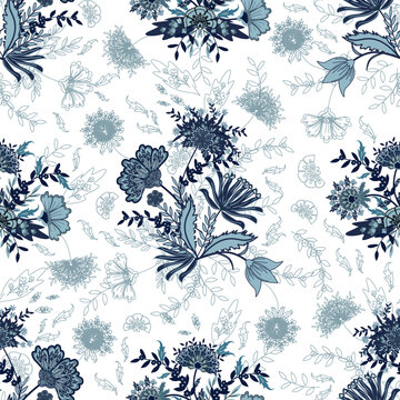 Floral seamless pattern, Flower chintz pattern seamless vector border print. Botanical batik background. Arabesque floral ornament motif for decoration fabric, women clothing, scarf, wallpaper design.
