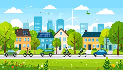Naklejka premium Sustainable Cityscape with Green Transportation and Renewable Energy.