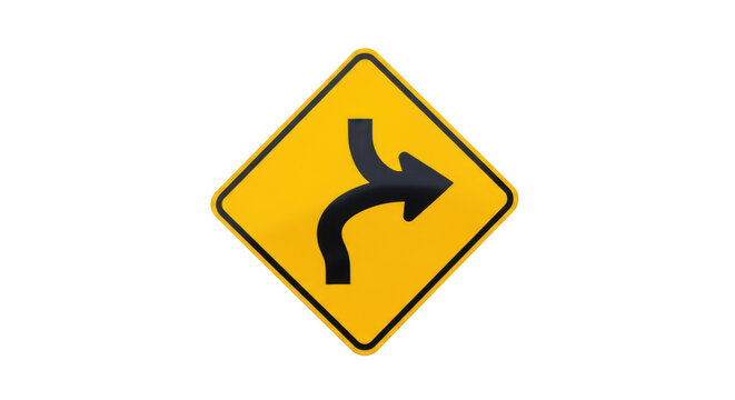 Sharp right turn ahead warning sign with a black arrow on a yellow diamond background isolated on transparent background