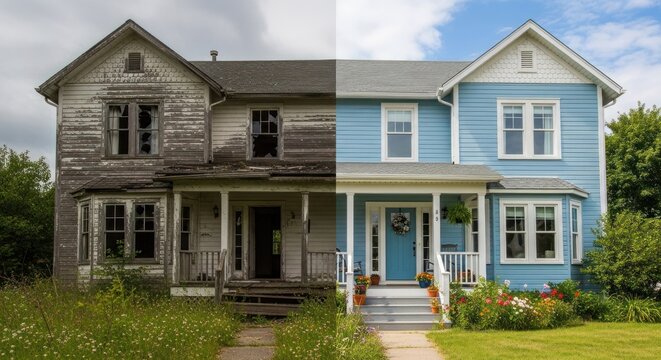A split image of a dilapidated, weathered house with peeling paint and missing windows, juxtaposed with a modern, freshly painted house with white siding and blue trim.